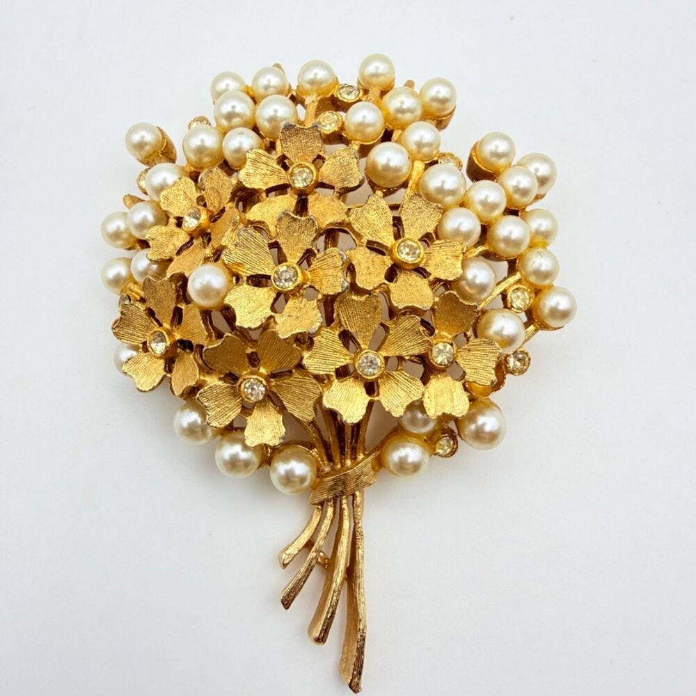 Vintage Signed BSK Flower Bouquet Brooch Faux Pearl Rhinestone Gold Tone Bridal
